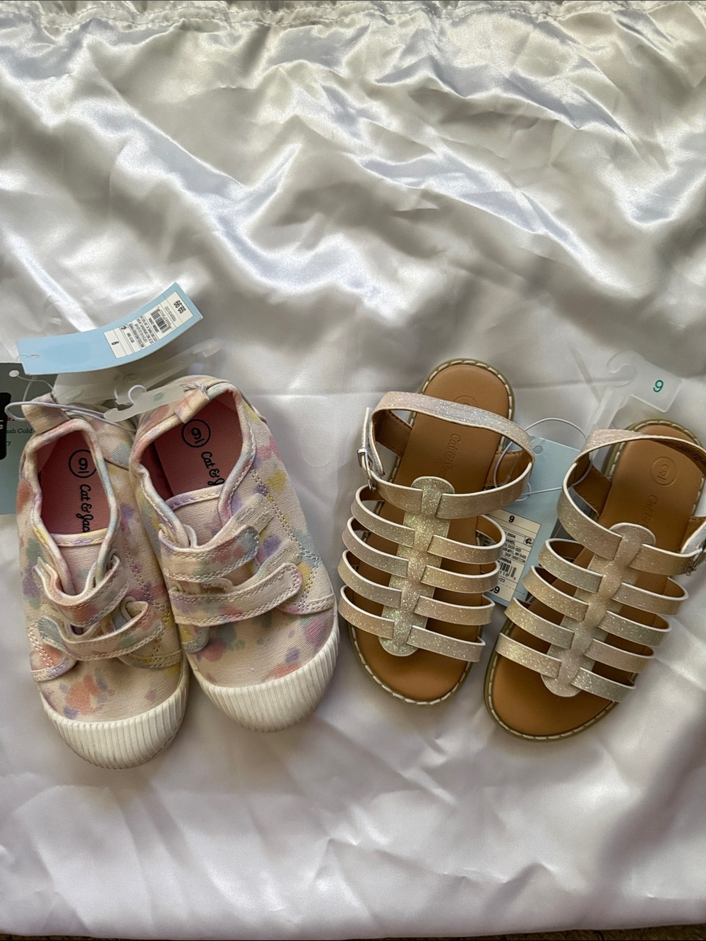 Cat & Jack Bundle: Pink Multi Color Sneakers and Glitter Gold Strappy Sandals